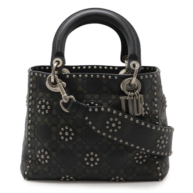 Christian Dior クリスチャン ディオール レディディオール スタッズ カナージュ ハンドバッグ 2WAY ショルダーバッグ カーフスキン ブラック 黒