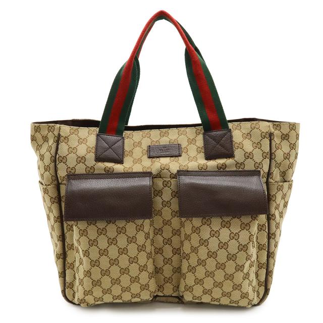 GUCCI グッチ GGキャンバス シェリーライン トートバッグ ラージトート ショルダーバッグ レザー カーキベージュ ダークブラウン 161836