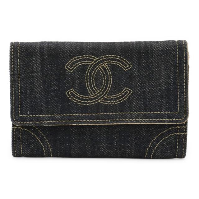 CHANEL シャネル スパークリングデニム ココマーク 2つ折財布 二つ折り財布 メタリックレザー インディゴ ゴールド A31991