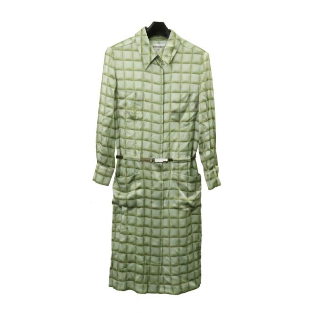 CHANEL シャネル ココマーク チェック シャツドレス ワンピース 長袖 ひざ丈 シルク100% グリーン #36
