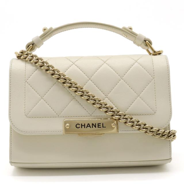 CHANEL シャネル マトラッセ トップハンドル ハンドバッグ 2WAY チェーンショルダーバッグ レザー アイボリー 白 ゴールド金具