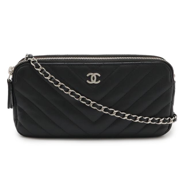 CHANEL シャネル Vステッチ シェブロン Wジップチェーンウォレット チェーンショルダー 2WAY クラッチバッグ ラムスキン レザー ブラック 黒 A82527