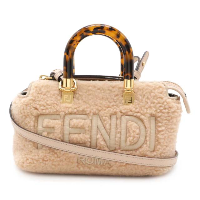 FENDI フェンディ バイザウェイ ミニ ハンドバッグ 2WAY ショルダーバッグ シープファー レザー ピンク ベージュ ゴールド金具 8BS067