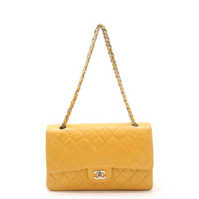 CHANEL シャネル マトラッセ25 ココマーク Wフラップ チェーンショルダーバッグ 肩掛け ハンドバッグ レザー イエロー 黄色 シルバー金具 A01112
