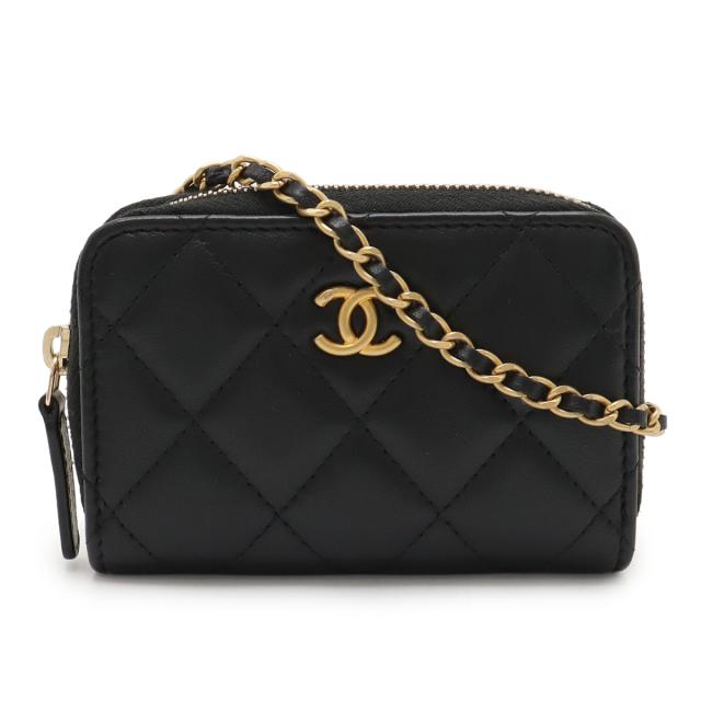 CHANEL シャネル パールクラッシュ マトラッセ ミニチェーンウォレット ケース 小銭入れ ラムスキン レザー ブラック 黒 ゴールド金具 AP2462
