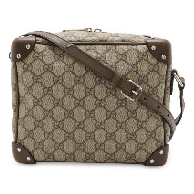 GUCCI グッチ GGスプリーム ショルダーバッグ 斜め掛け PVC レザー スタッズ ベージュ 茶 ダークブラウン シルバー金具 201538