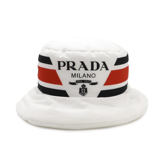 PRADA プラダ Re Nylon ロゴプリント ボリューム バケットハット 帽子 ナイロン ホワイト 白 ブラック 黒 レッド 赤 #M Mサイズ 1HC248