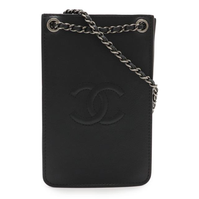 CHANEL シャネル ココマーク ポシェット チェーンショルダーバッグ スマホケース スマホポーチ 携帯 レザー ブラック シルバー金具 A92304
