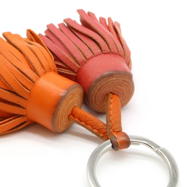 HERMES エルメス カルメン ウノドス キーリング キーホルダー フリンジ タッセル チャーム レザー オレンジ ピンク シルバー金具