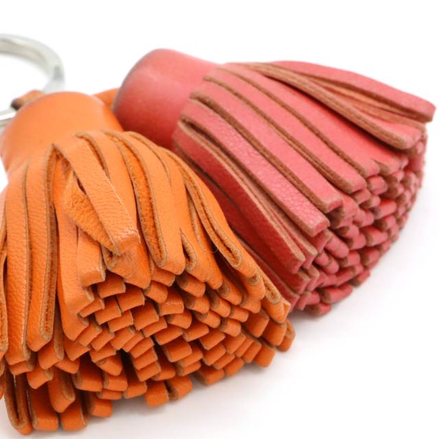 HERMES エルメス カルメン ウノドス キーリング キーホルダー フリンジ タッセル チャーム レザー オレンジ ピンク シルバー金具