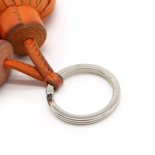 HERMES エルメス カルメン ウノドス キーリング キーホルダー フリンジ タッセル チャーム レザー オレンジ ピンク シルバー金具