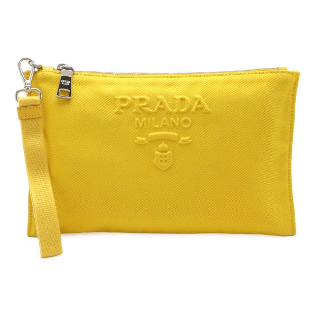 PRADA プラダ エンボスロゴ クラッチバッグ セカンドバッグ ポーチ 小物入れ キャンバス レザー イエロー 黄色 シルバー金具