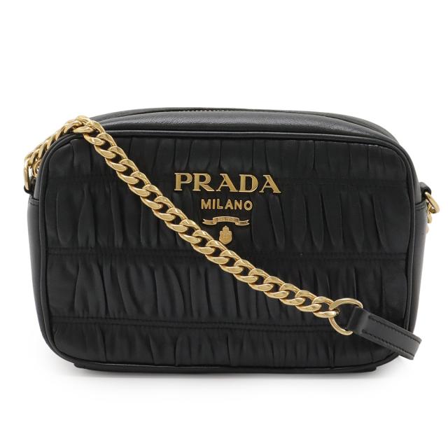 PRADA プラダ ナッパ ゴーフル ギャザー ショルダーバッグ ポシェット レザー NERO 黒 ブラック ゴールド金具 国内アウトレット購入品 1BH112