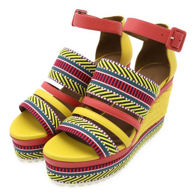 HERMES エルメス イネス サンダル ウェッジソール レザー イエロー 黄 ピンク マルチカラー #38 日本サイズ約24.5cm 181094Z