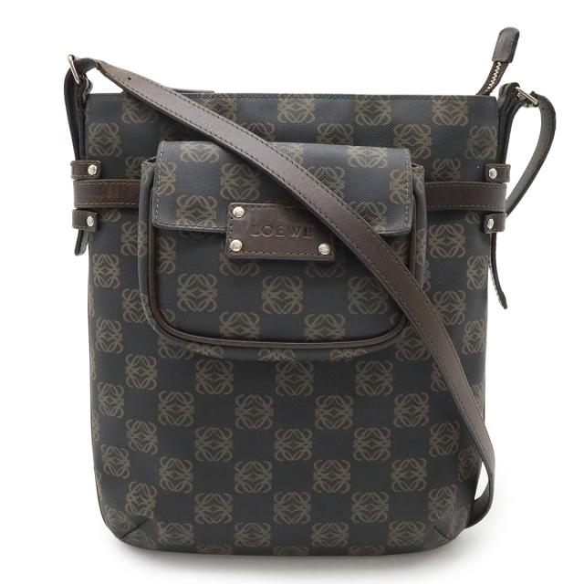 LOEWE ロエベ アナグラム ショルダーバッグ 斜め掛け PVC レザー ダークブラウン ポーチ付き シルバー金具