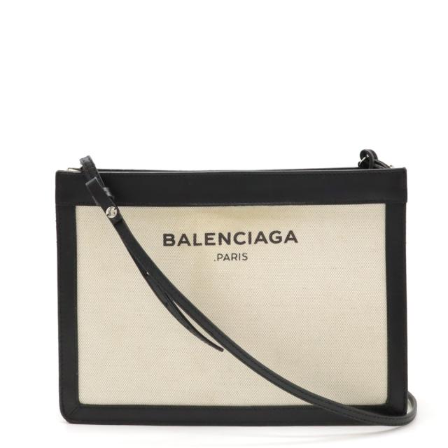 BALENCIAGA バレンシアガ ネイビーポシェット ロゴ ショルダーバッグ 2WAY クラッチバッグ キャンバス レザー ナチュラル ブラック 339937