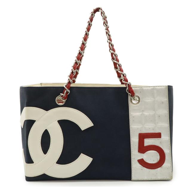 CHANEL シャネル ココマーク No.5 トートバッグ ショルダーバッグ チェーンショルダー キャンバス レザー ネイビー レッド シルバー A18644