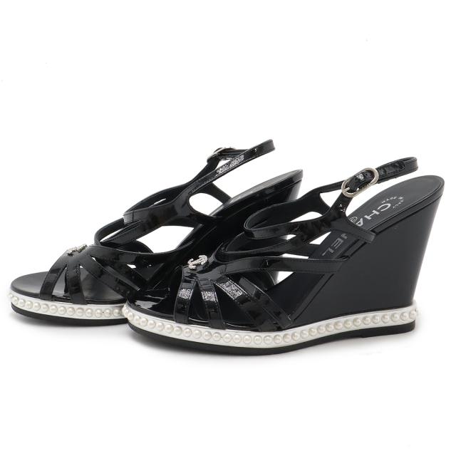 CHANEL パテント ココマーク サンダル ブラック ウェッジソール