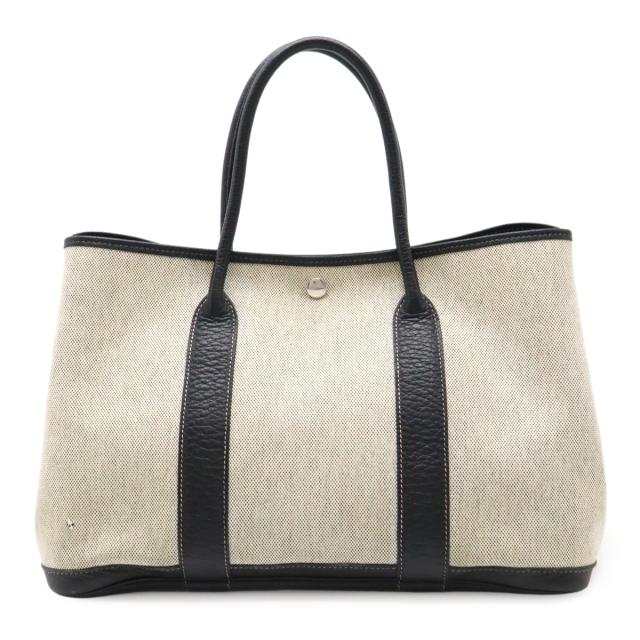 HERMES エルメス ガーデンパーティPM トートバッグ ハンドバッグ トワルアッシュ キャンバス レザー グレー ブラック 黒 □H刻印