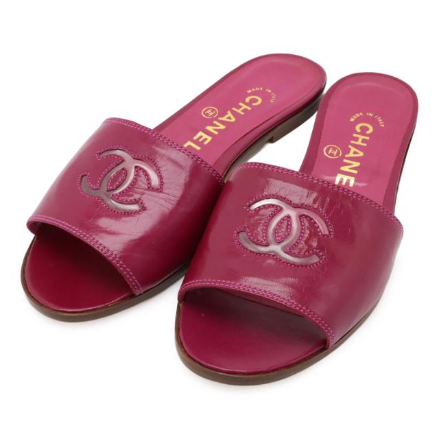 CHANEL シャネル ココマーク ミュール サンダル レザー フューシャ パープルピンク系 #35 1/2 日本サイズ約22.5cm