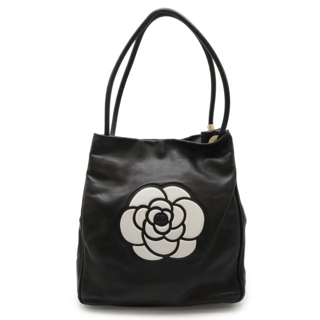 CHANEL シャネル カメリア ロゴ トートバッグ ショルダーバッグ ショルダートート 肩掛け レザー ブラック 黒 ホワイト 白 A20856