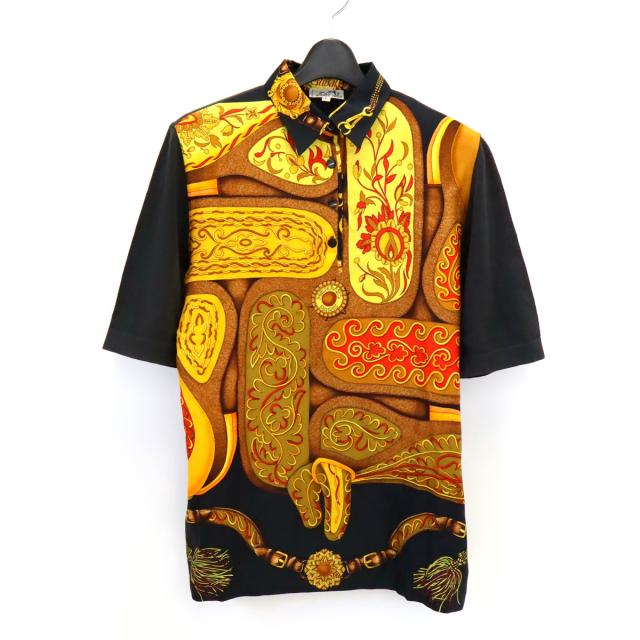 HERMES エルメス スカーフ切替プルオーバーニットシャツ ポロシャツ 半袖ブラウス 半袖シャツ シルク100% イエロー 黄色 ブラック 黒 #L Lサイズ