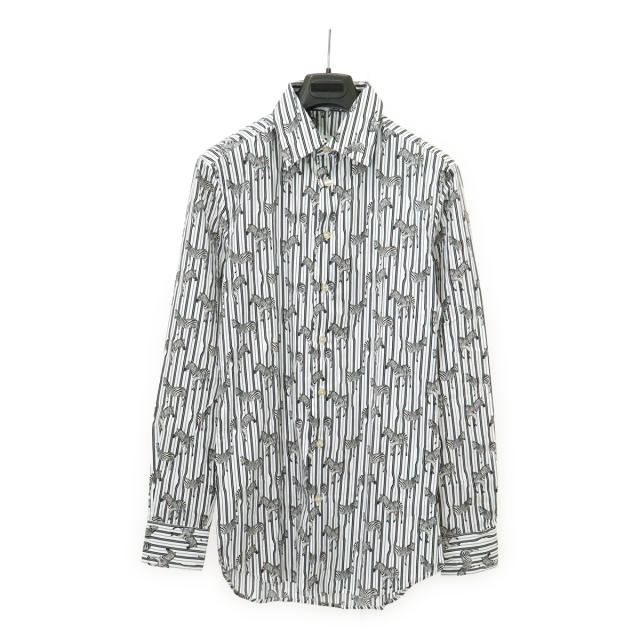 ETRO エトロ Yシャツ ワイシャツ 長袖シャツ ストライプ ゼブラプリント シマウマ コットン ポリウレタン ホワイト ブラック #37 アウトレット品