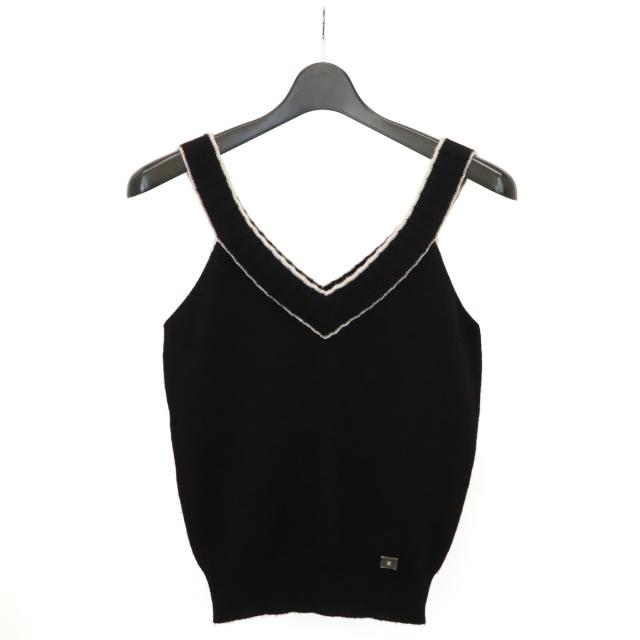 CHANEL シャネル ココマーク ニット トップス ノースリーブ パイピング ブラック 黒 ホワイト 白 カシミヤ100% 02P #38