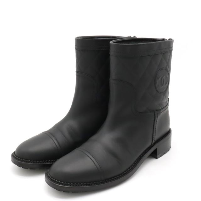 CHANEL シャネル ココマーク マトラッセ エンジニアブーツ ミドルブーツ レザー ブラック 黒 #41 日本サイズ約26cm