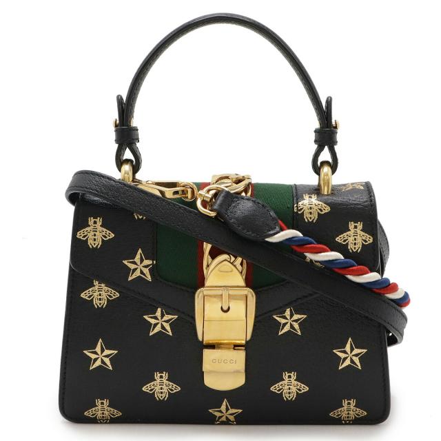 GUCCI グッチ シルヴィ BEE ビー スター 星 プリント シェリーライン ミニバッグ ハンドバッグ 2WAY ショルダーバッグ レザー ブラック 470270