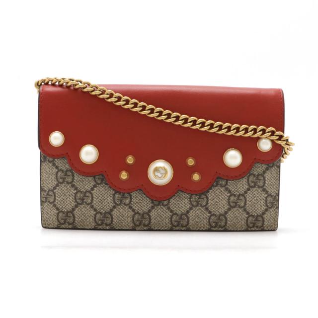 GUCCI グッチ GGスプリーム パール チェーンウォレット ポシェット ショルダーバッグ 2WAY クラッチバッグ PVC レザー ベージュ レッド 431478