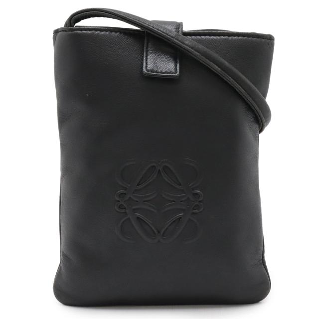 【良品】LOEWE ショルダーバッグ　ポシェット　レザー　黒　リピートアナグラム 美品】LOEWE ショルダーバッグ ポシェット レザー 黒 リピート