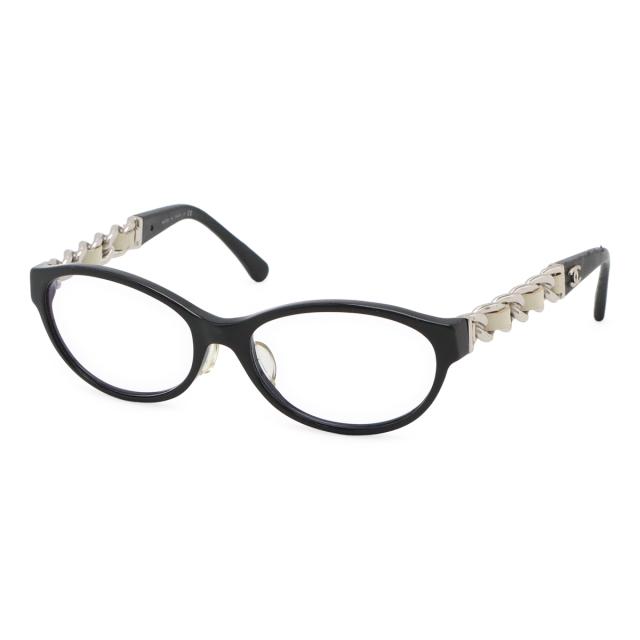 CHANEL シャネル 眼鏡 伊達めがね メガネフレーム チェーンテンプル オーバルシェイプ クリア 度入り ブラック オフホワイト シルバー金具 3223-Q