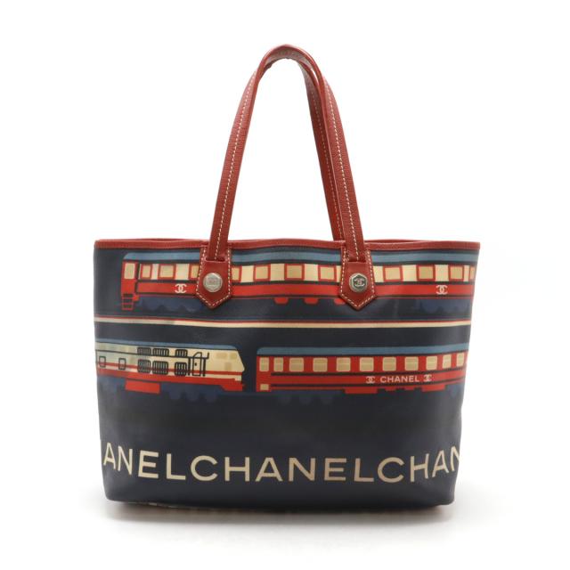 CHANEL シャネル セントラルステーション トートバッグ ショルダーバッグ セミショルダー 肩掛け PVC レザー ネイビー 紺 レッド 赤 シルバー金具