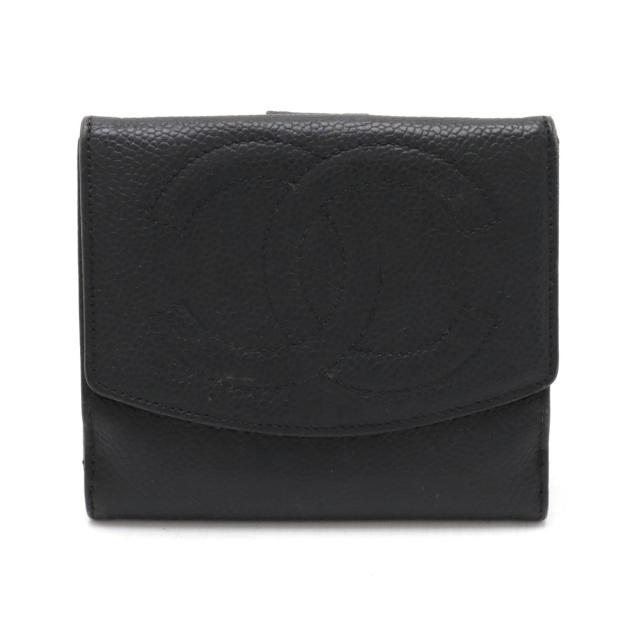 CHANEL シャネル カーフスキン ココマーク W ホック折り財布 美品 CHANEL シャネル 折り財布 Wホック ブラック ココマーク 【公式通販】