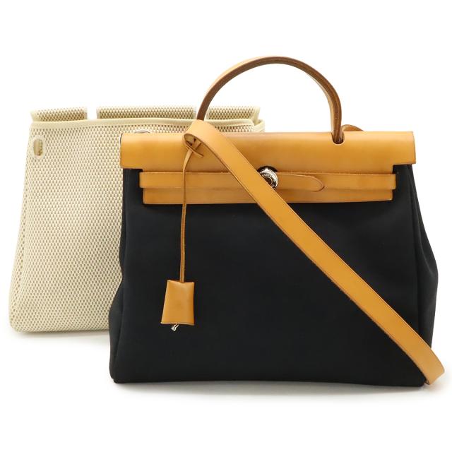 HERMES エルメス エールバッグPM ハンドバッグ 2WAY ショルダーバッグ トワルオフィシエ トワルGM レザー ブラック 黒 ベージュ □G刻印