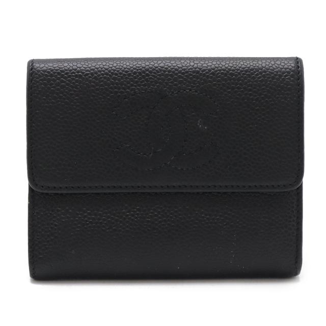 CHANEL シャネル ココマーク 3つ折財布 三つ折り財布 キャビアスキン レザー ブラック 黒 ゴールド金具