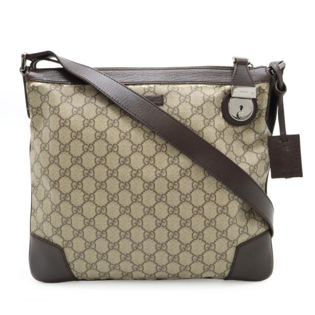 GUCCI グッチ GGスプリーム ショルダーバッグ 斜め掛け マチなし ナイロンキャンバス レザー ベージュ ダークブラウン  シルバー金具 148476