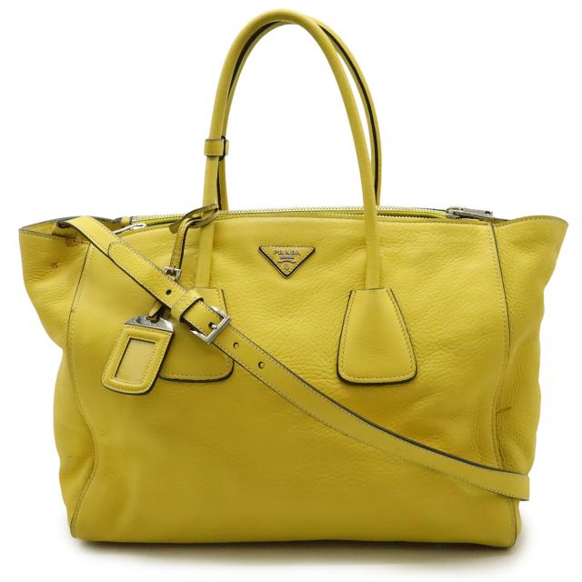 PRADA プラダ トライアングルロゴ トートバッグ 2WAY ショルダーバッグ CERVO チェルボ レザー ANANAS 黄色 イエロー シルバー金具 BN2759