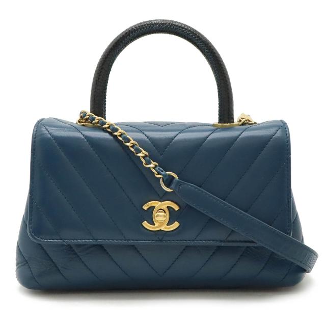CHANEL シャネル Vステッチ シェブロン ココハンドルXS ハンドバッグ 2WAY チェーンショルダー レザー ピーコックブルー ゴールド金具 A92990