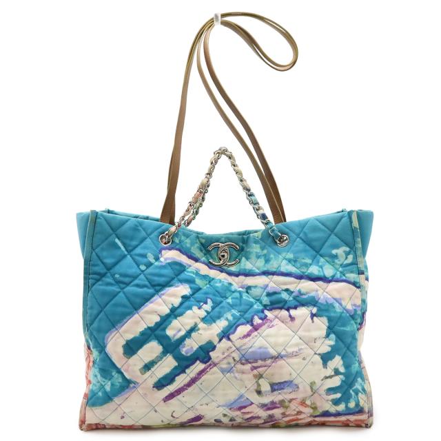 CHANEL シャネル ココマーク マトラッセ グラフィティ ウォーターカラー トートバッグ 2WAY ハンドバッグ チェーンハンドル ブルー 青 ナイロン