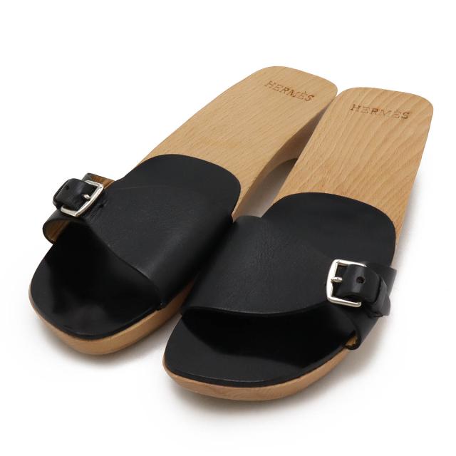 HERMES エルメス ウッドサンダル ミュール ベルトモチーフ レザー ブラック 黒 シルバー金具 #37 日本サイズ約24cm