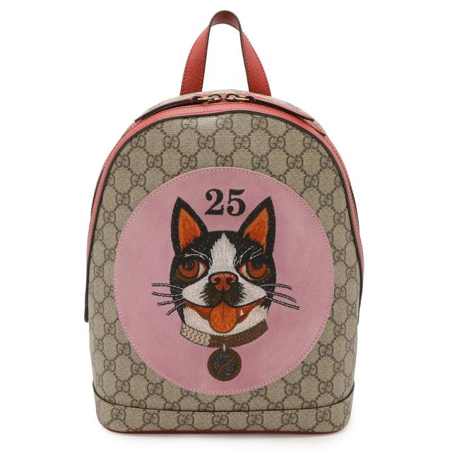 GUCCI グッチ GGスプリーム BOSCO ボスコ アップリケ 犬 ドッグ リュックサック バックパック PVC レザー ベージュ レッド 赤 495621