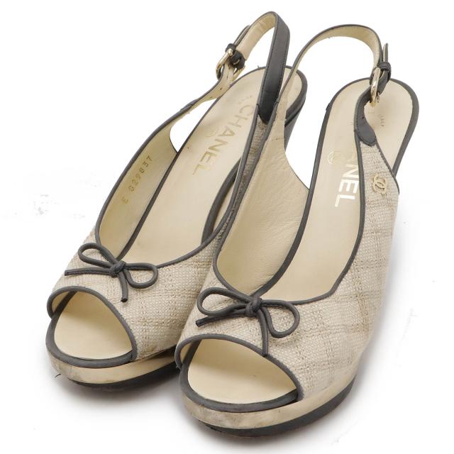 CHANEL シャネル バックストラップ サンダル パンプス オープントゥ リボン キャンバス レザー アイボリー　グレー #38 日本サイズ約24cm G29837