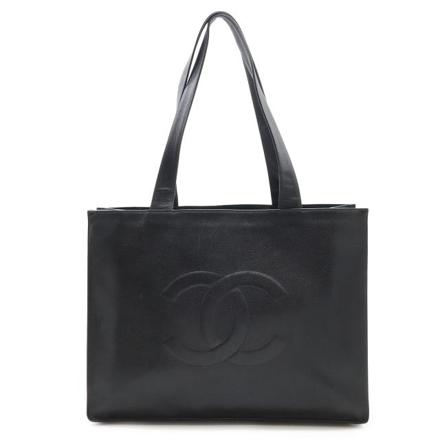 CHANEL シャネル ロゴ 刺繍 トートバッグ ショルダーバッグ セミショルダー 肩掛け キャビアスキン レザー ブラック 黒 ゴールド金具