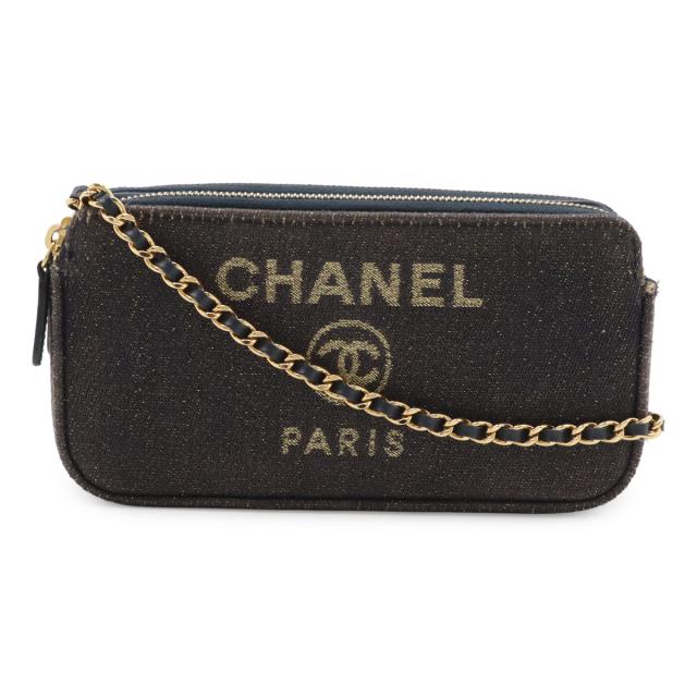 CHANEL シャネル ドーヴィル チェーンウォレット 長財布 クラッチ 2WAY ショルダーバッグ ポシェット キャンバス ラメ ネイビー 紺 ゴールド A81978