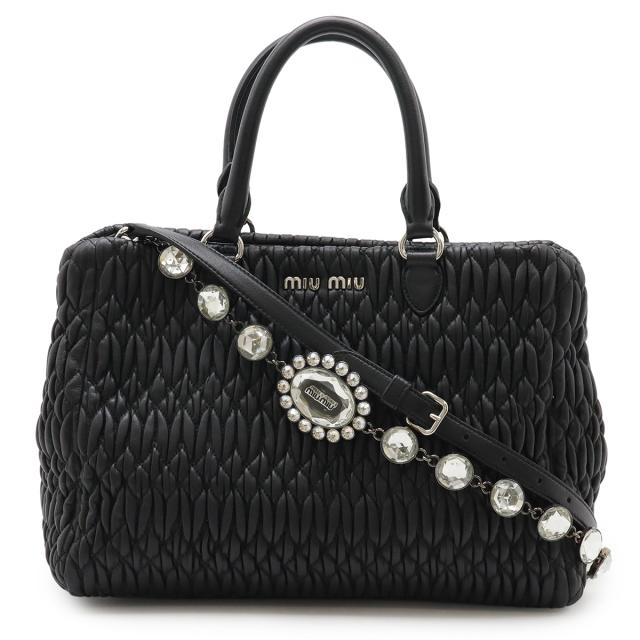 Miu Miu ミュウ ミュウ ミュウミュウ マテラッセ ナッパクリスタル ギャザー ハンドバッグ ショルダー 2WAY レザー ブラック　黒 RN0958