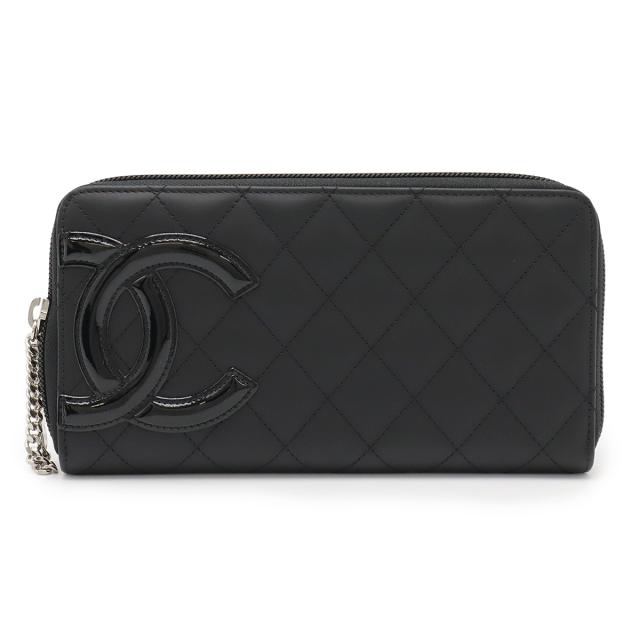 CHANEL シャネル カンボンライン ココマーク ラウンドファスナー 長財布 ソフトカーフ レザー エナメル ブラック 黒 ピンク A50078