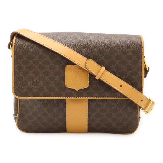 CELINE セリーヌ マカダム柄 ショルダーバッグ ポシェット 斜め掛け PVC レザー ダークブラウン 茶 ベージュ ゴールド金具