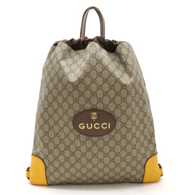 GUCCI グッチ GGスプリーム キャットヘッド ドローストリング バックパック リュック PVC ベージュ ダークブラウン イエロー 黄色 473872